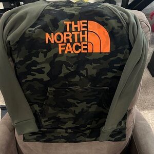 Boys The North Face Green Camouflage Hoodie with Orange Logo